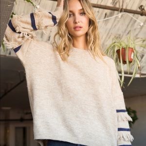 Taupe/Navy Stripe Tassel Detail Sweater